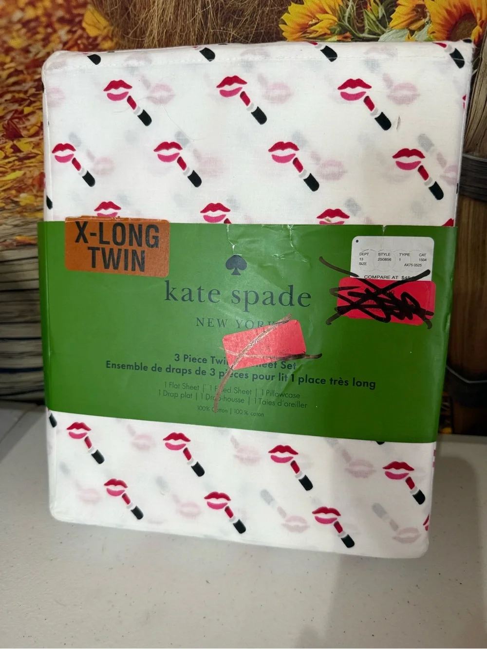 kate spade Lipstick & Lips Print X-Long Twin Sheet Set - Pink, Black & White